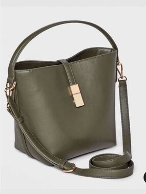 Olive Green Leather Bucket Bag with Gold Hardware